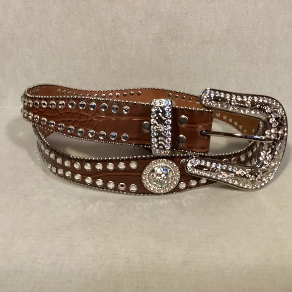 Blazin Roxx Large Brown Leather BELT Rhinestone Western Bling Silver BLAZIN ROXX Brown Croc & Silver Rhinestone Crystals Studded  main image 2